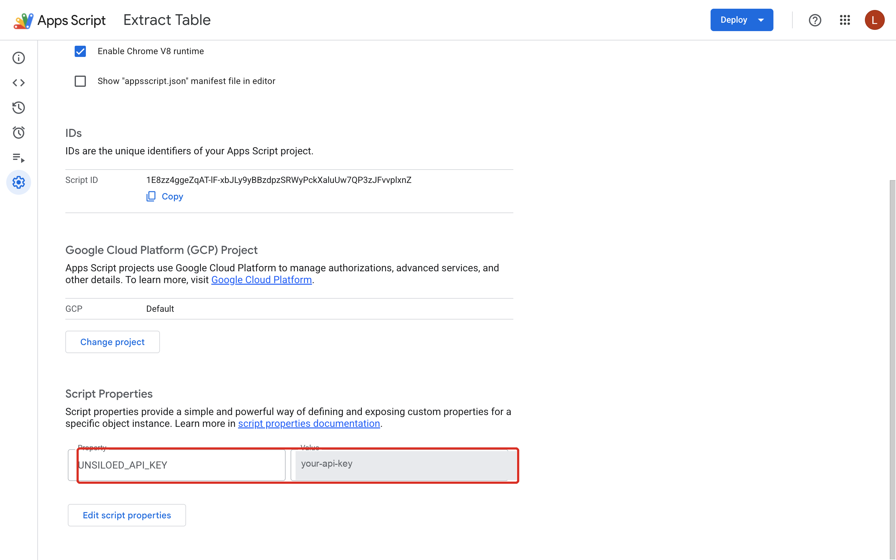 The Apps Script Project Settings page with a script property named UNSILOED_API_KEY and its value field highlighted