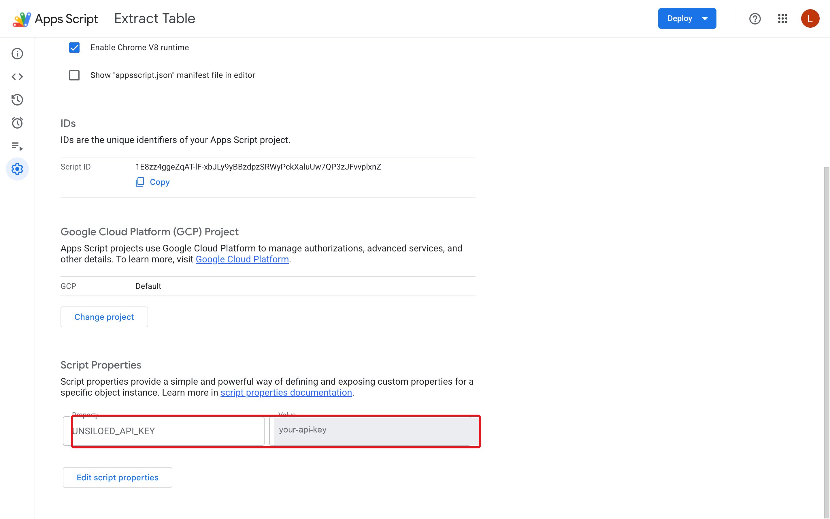 The Apps Script Project Settings page with a script property named UNSILOED_API_KEY and its value field highlighted