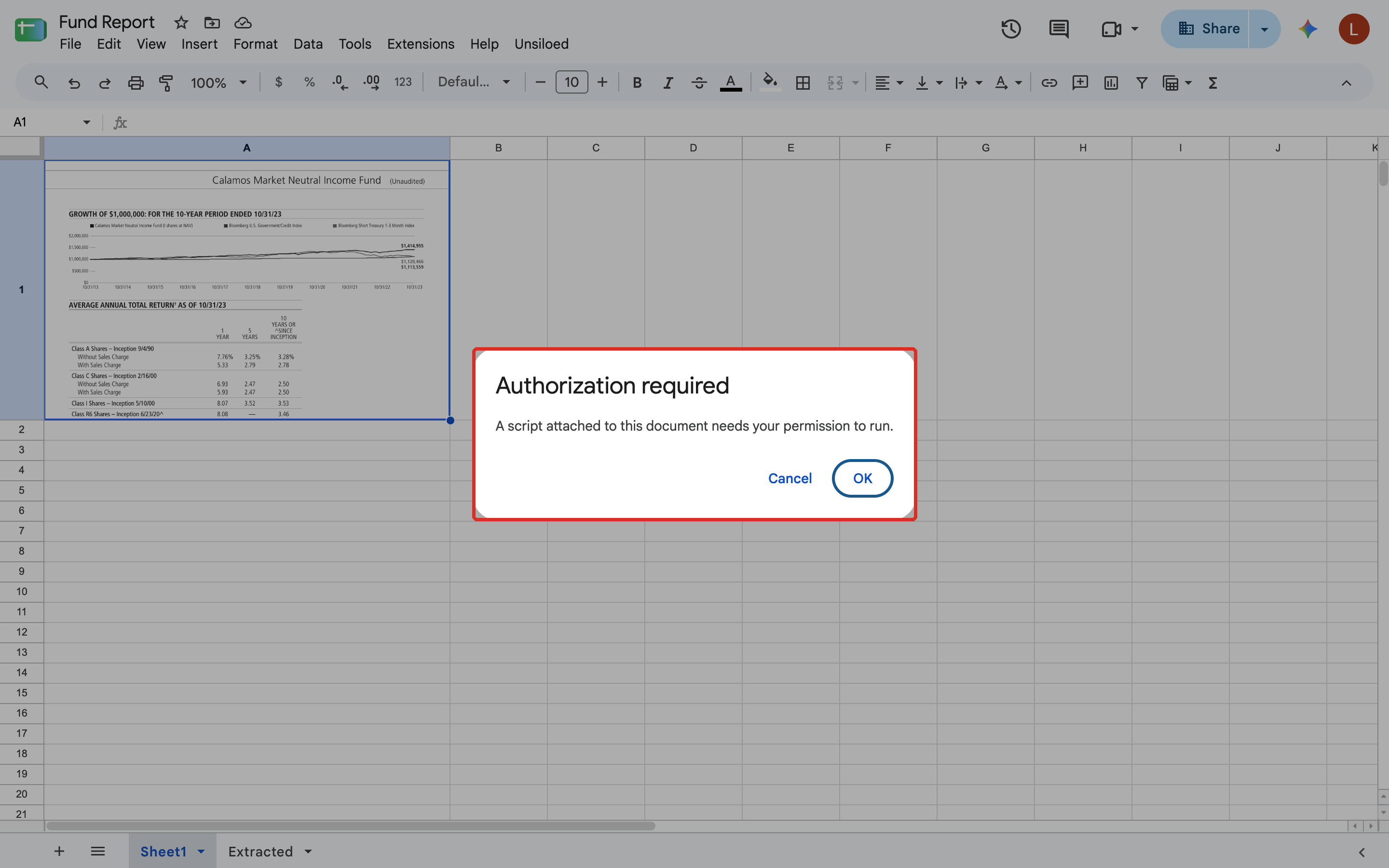 The Authorization required dialog in Google Sheets saying a script attached to this document needs permission to run, with the OK button highlighted