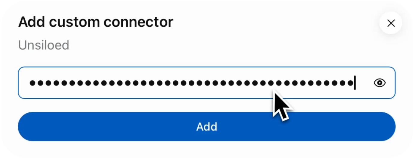 The Add custom connector dialog with a masked API key and an Add button