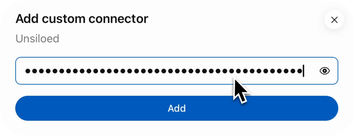 The Add custom connector dialog with a masked API key and an Add button