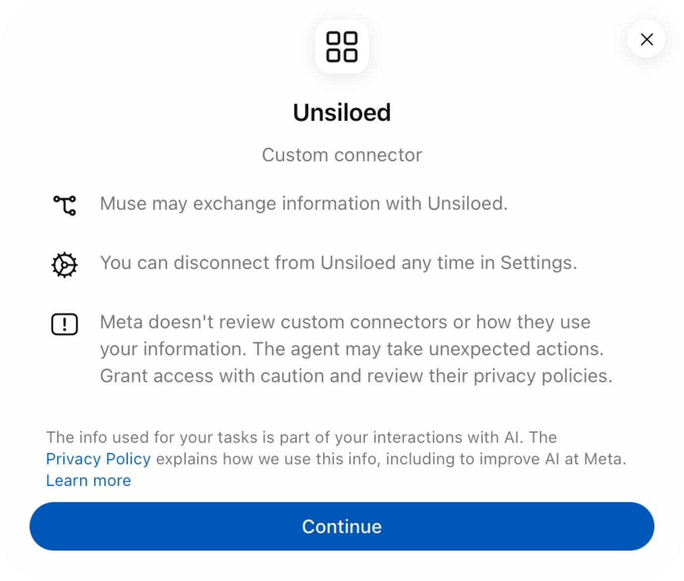 The Unsiloed custom connector dialog with a Continue button