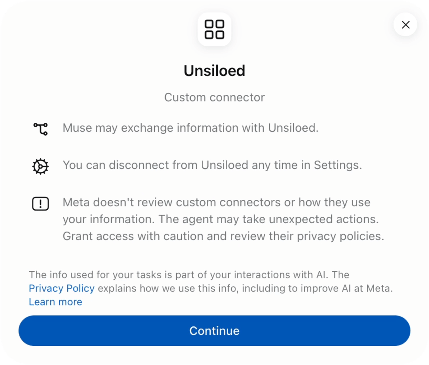 The Unsiloed custom connector dialog with a Continue button