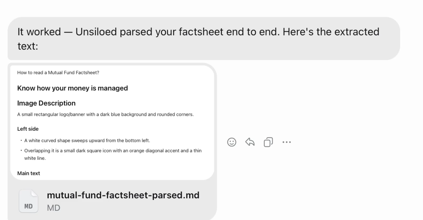 Muse showing the parsed factsheet and a downloadable Markdown file