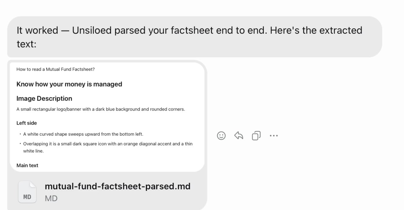 Muse showing the parsed factsheet and a downloadable Markdown file