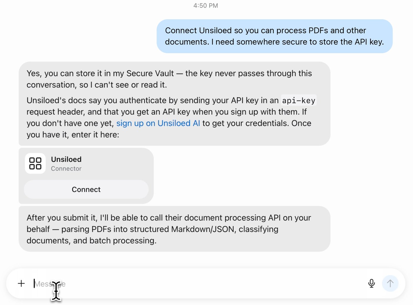 Muse replying to the prompt with an Unsiloed connector card and a Connect button
