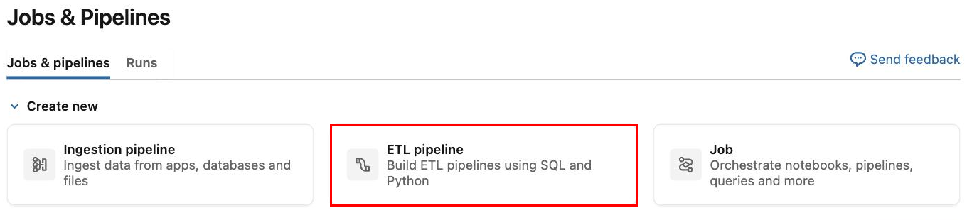 The Jobs and Pipelines page with the ETL pipeline card highlighted under Create new