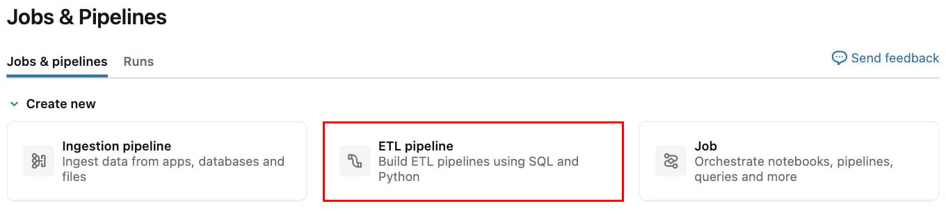 The Jobs and Pipelines page with the ETL pipeline card highlighted under Create new
