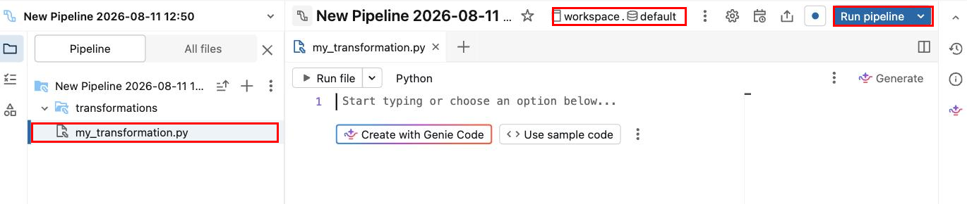 The pipeline editor with the starter transformation file, the catalog and schema selector, and the Run pipeline button highlighted