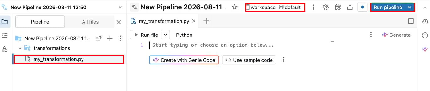 The pipeline editor with the starter transformation file, the catalog and schema selector, and the Run pipeline button highlighted