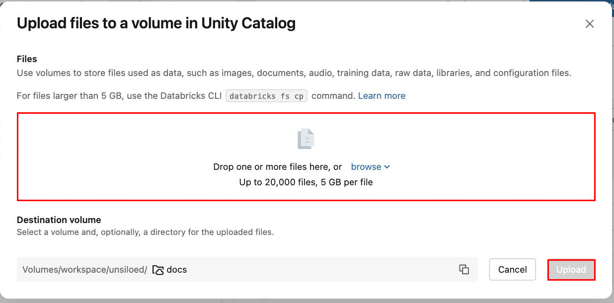 The upload dialog with the file drop zone and the Upload button highlighted