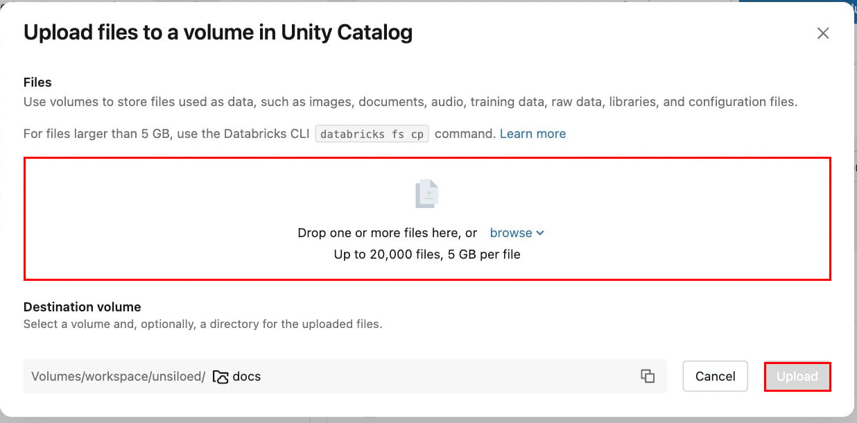 The upload dialog with the file drop zone and the Upload button highlighted