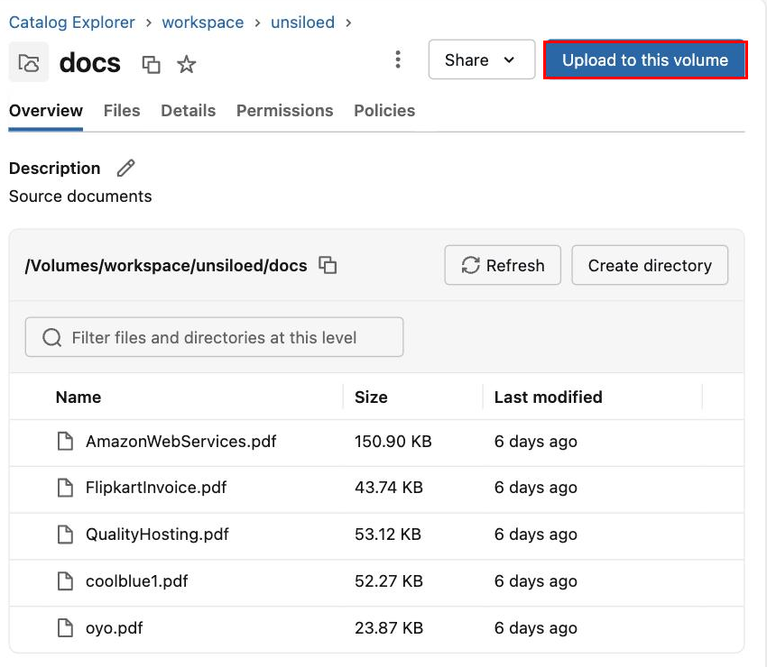 The docs volume in Catalog Explorer showing five uploaded PDF invoices, with the Upload to this volume button highlighted