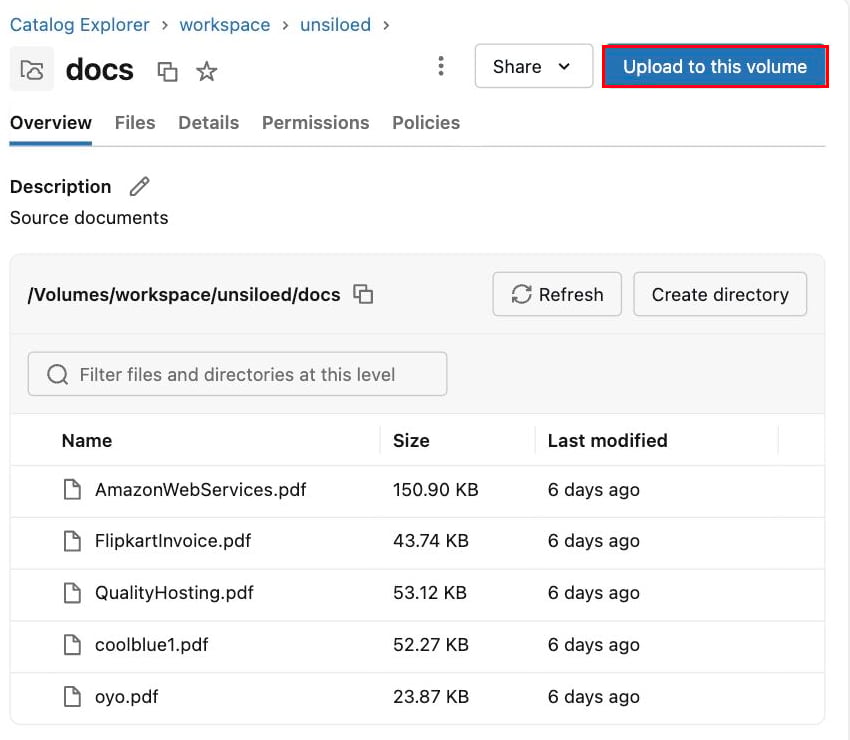 The docs volume in Catalog Explorer showing five uploaded PDF invoices, with the Upload to this volume button highlighted