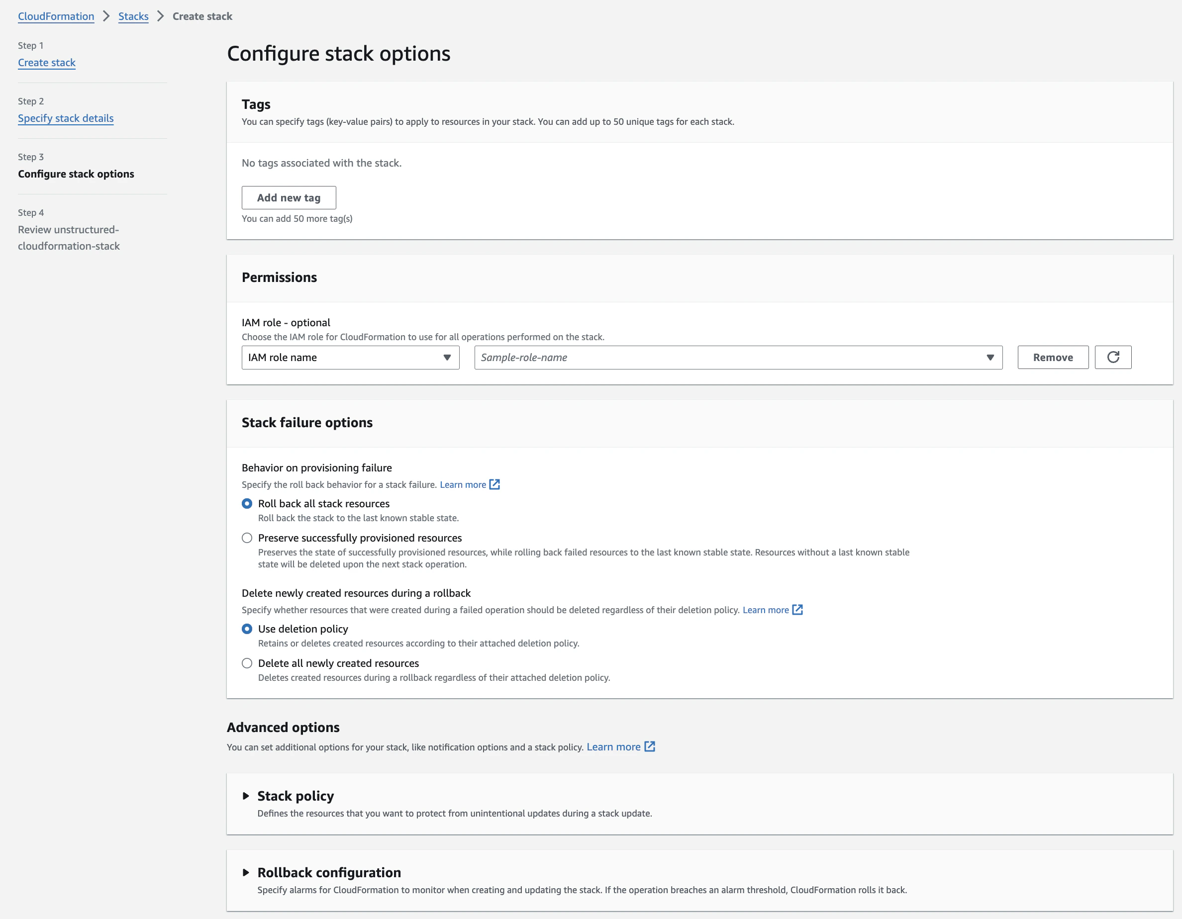 Specify stack options