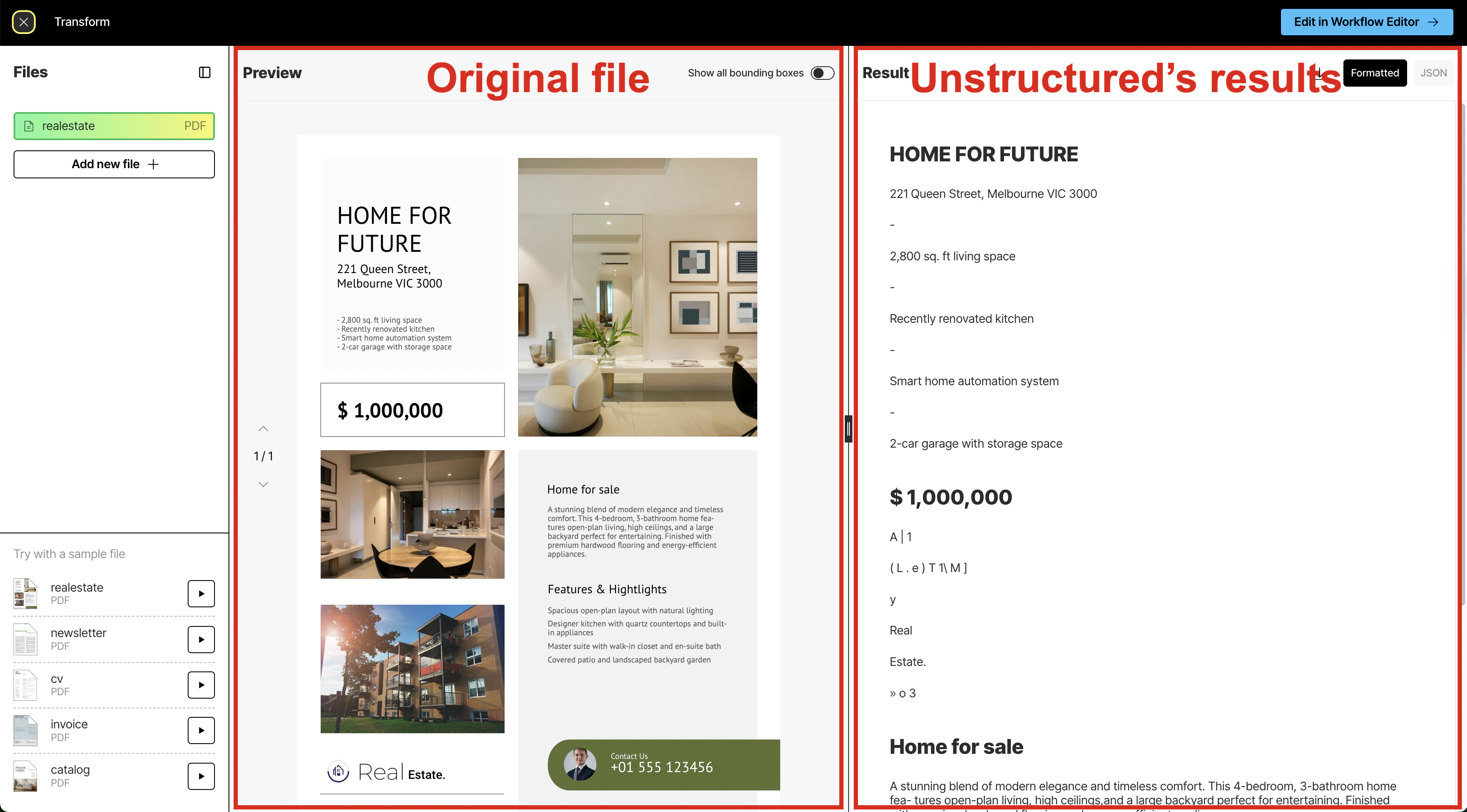 Unstructured's parse and transform results