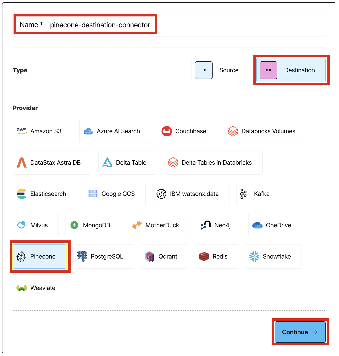 Selecting the connector type