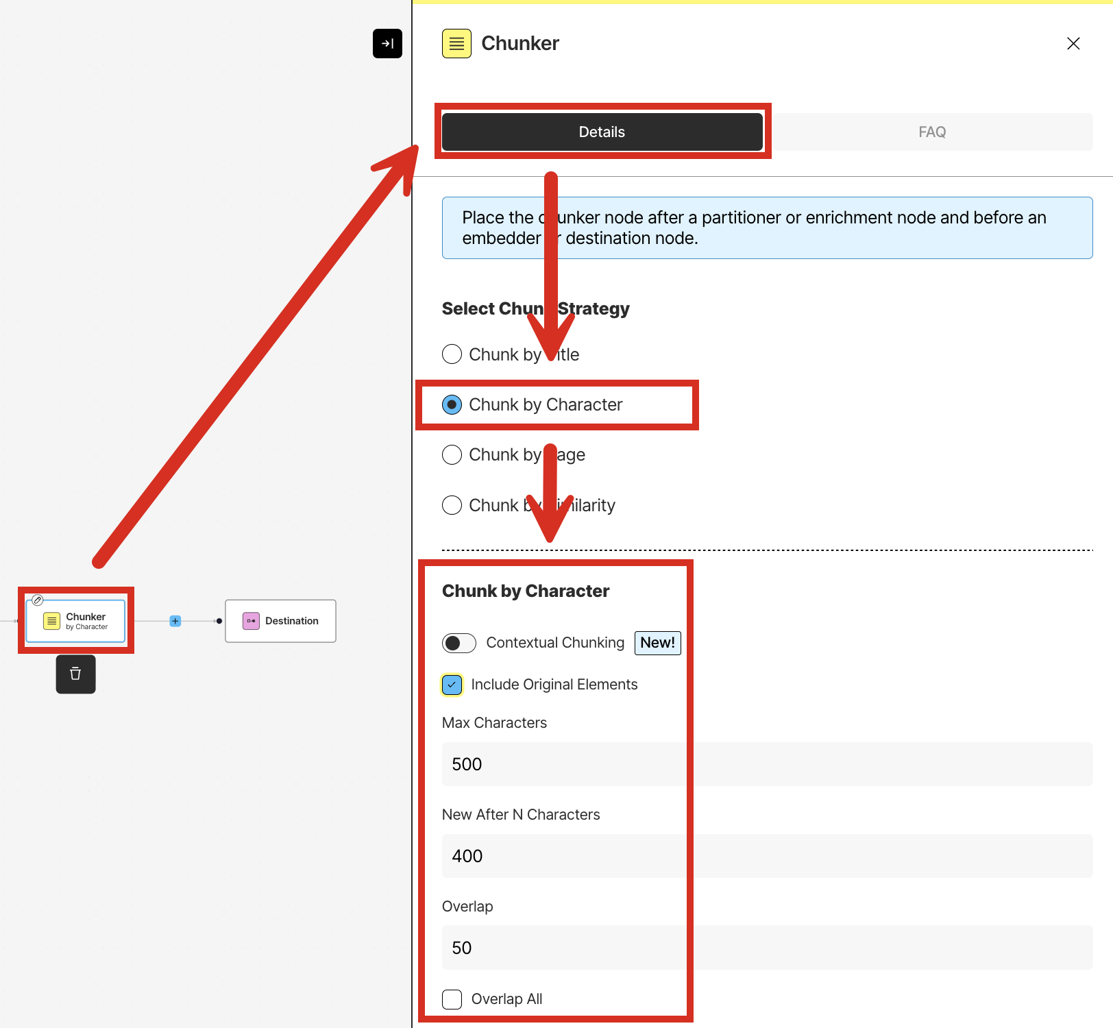 Setting up the Chunk by Character strategy