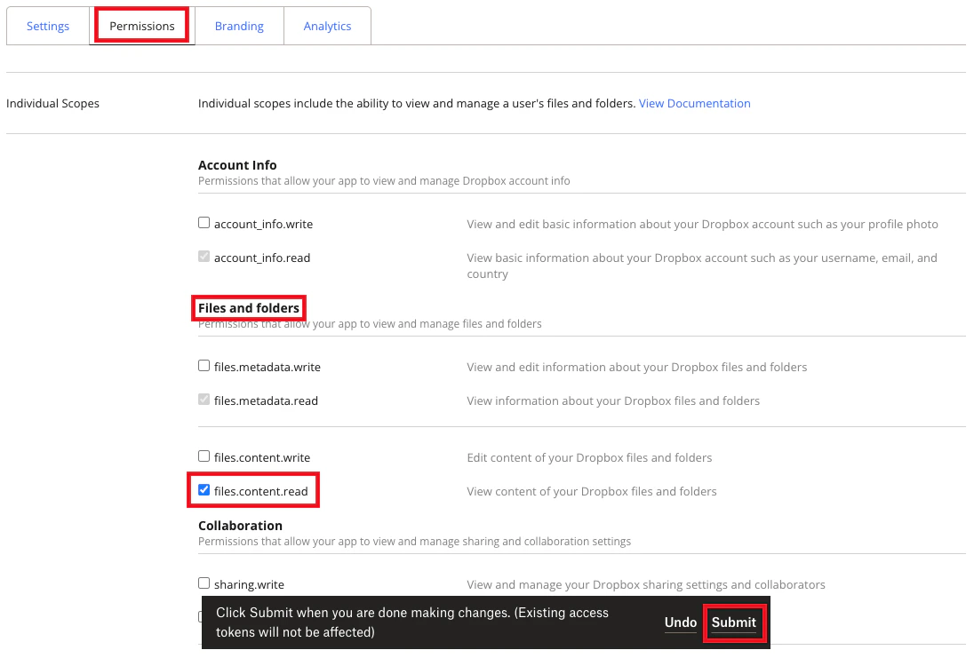Setting files.content.read for the Dropbox app