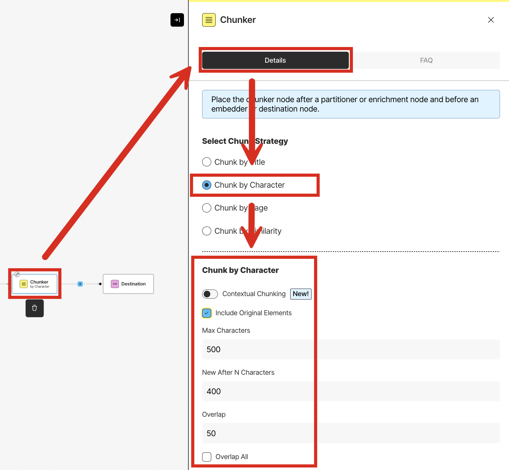 Setting up the Chunk by Character strategy