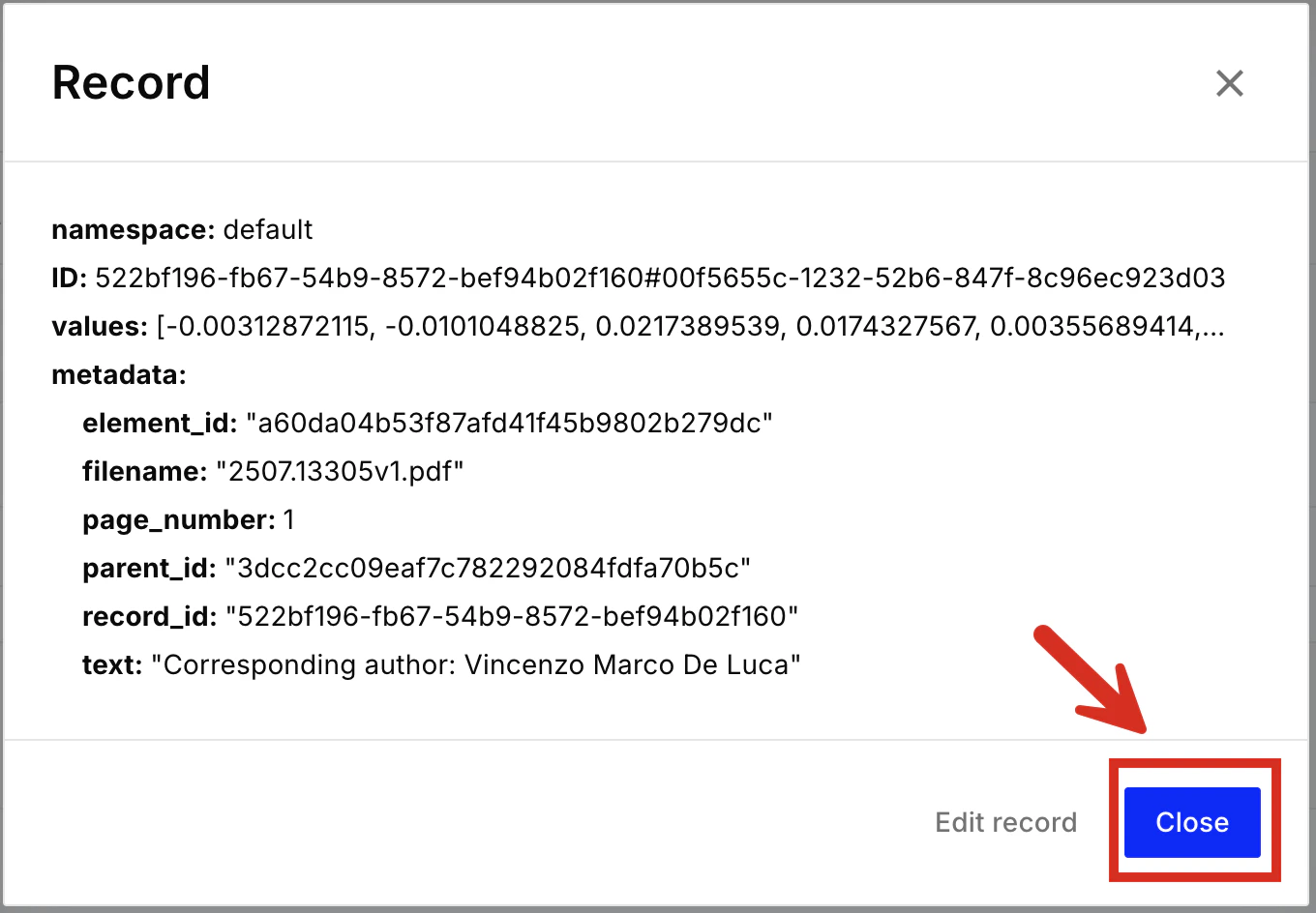 Closing a Pinecone index item