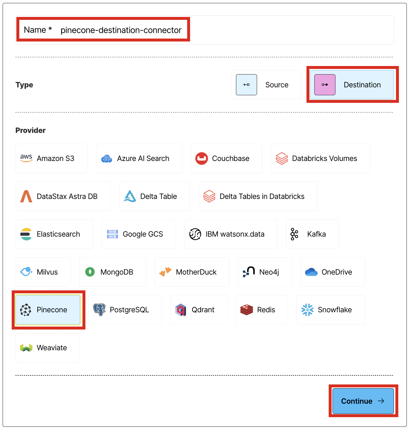 Selecting the connector type
