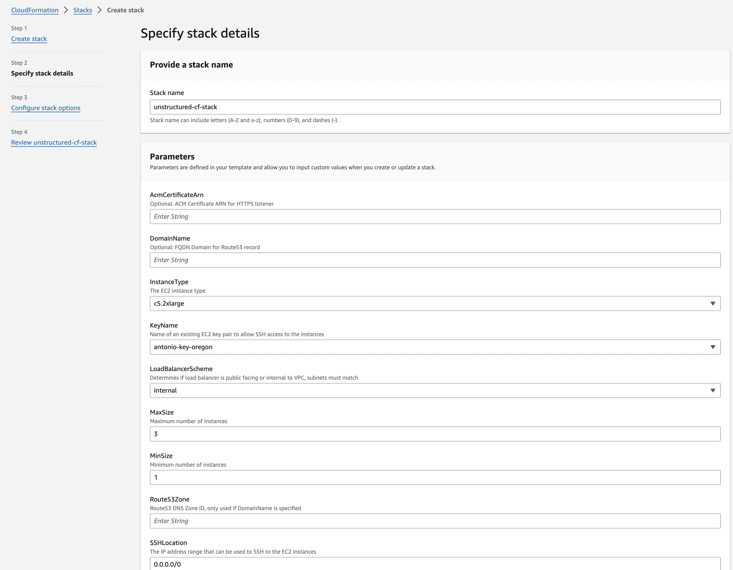 Specify stack details