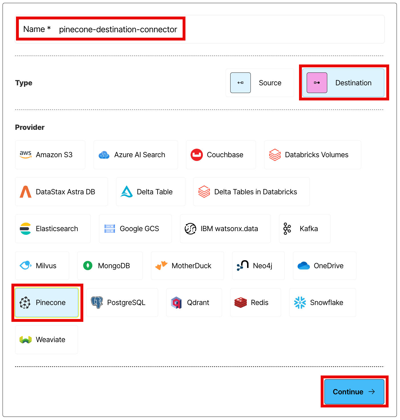 Selecting the connector type