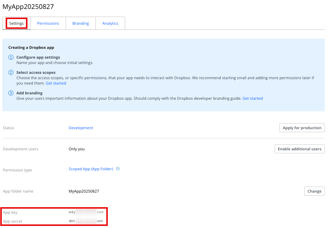 Noting the app's key and secret