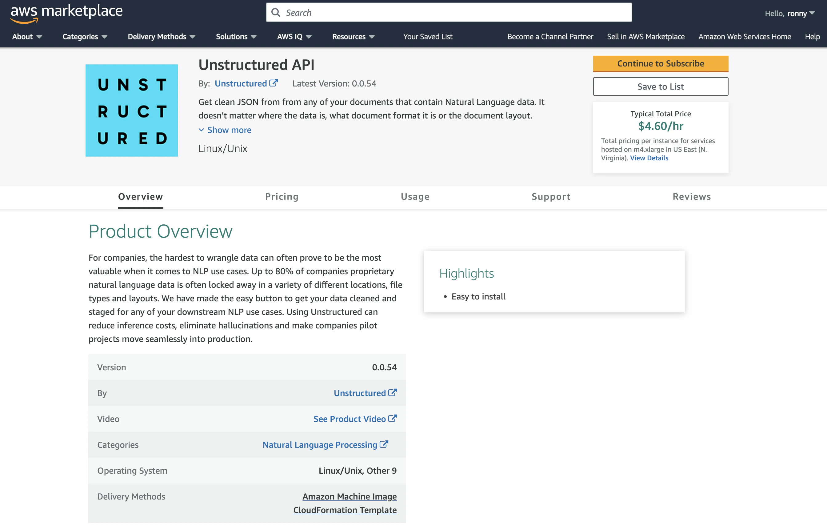 Unstructured API on AWS Marketplace
