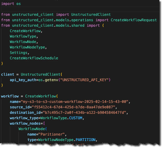 Python code that calls the Unstructured Workflow Endpoint