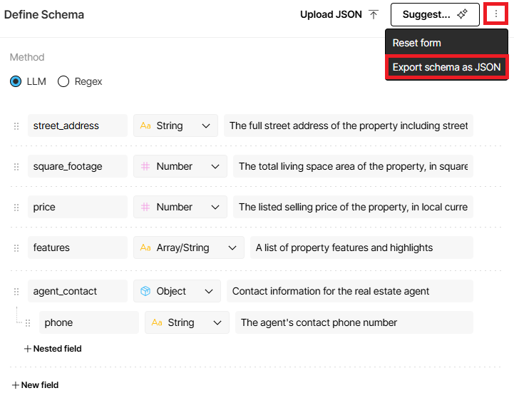 LLM visual schema builder showing an extraction schema with the Export schema as JSON option