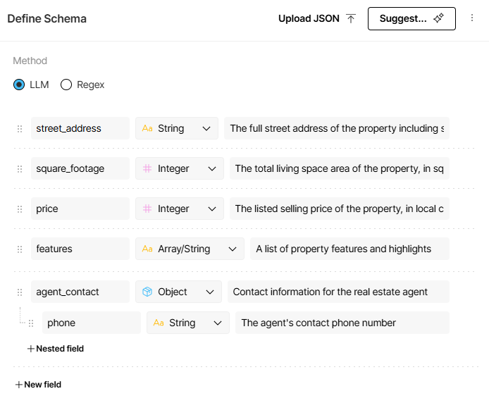 LLM visual schema builder displaying a schema generated from a plain-language prompt
