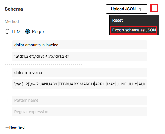 Regex visual schema builder showing name and pattern pairs with the Export schema as JSON option