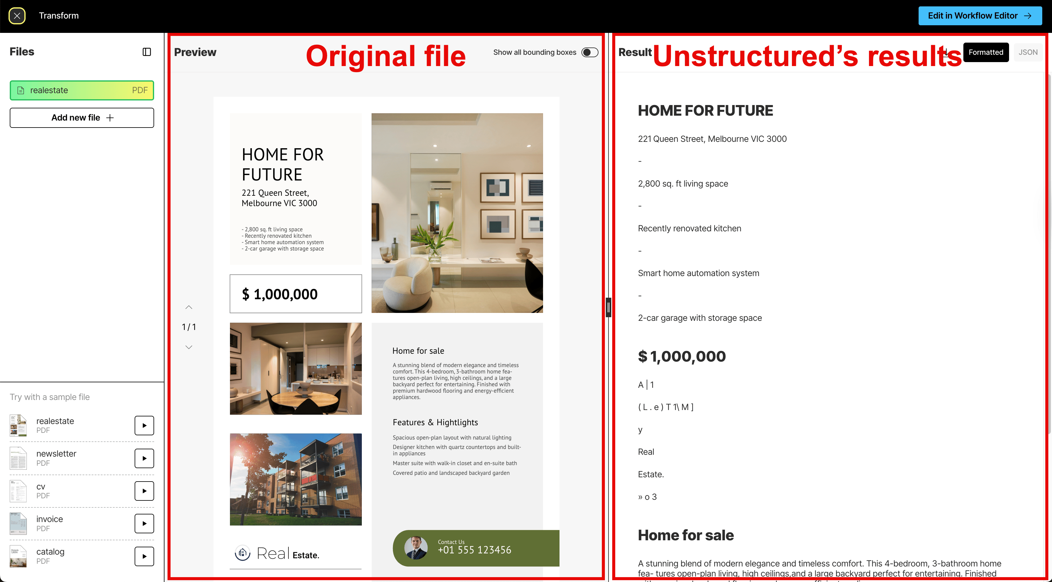 Unstructured's parse and transform results