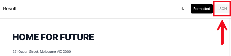 Switching to the JSON view of the results