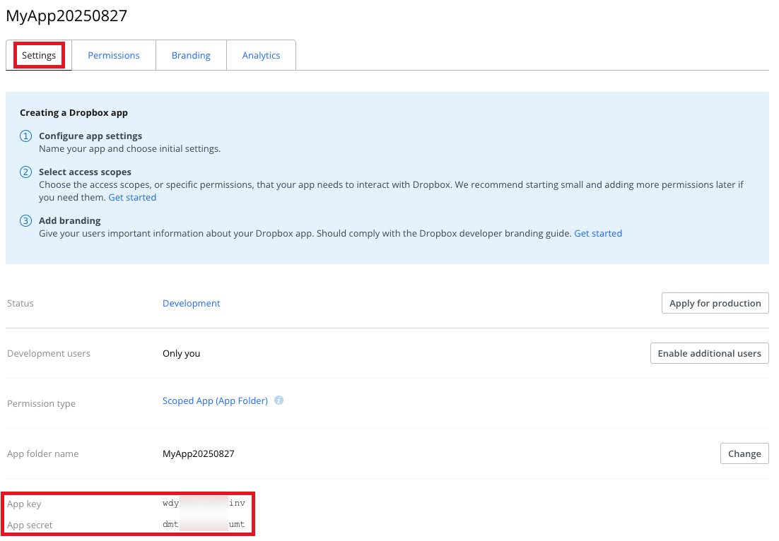 Noting the app's key and secret