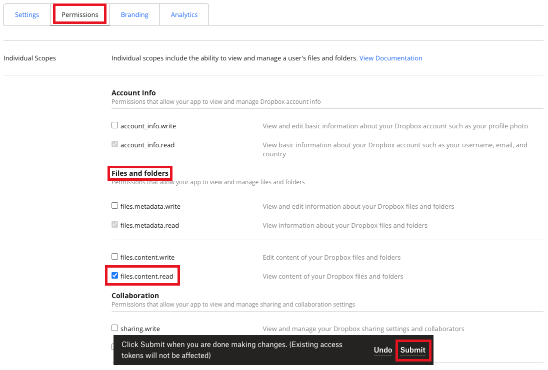 Setting files.content.read for the Dropbox app