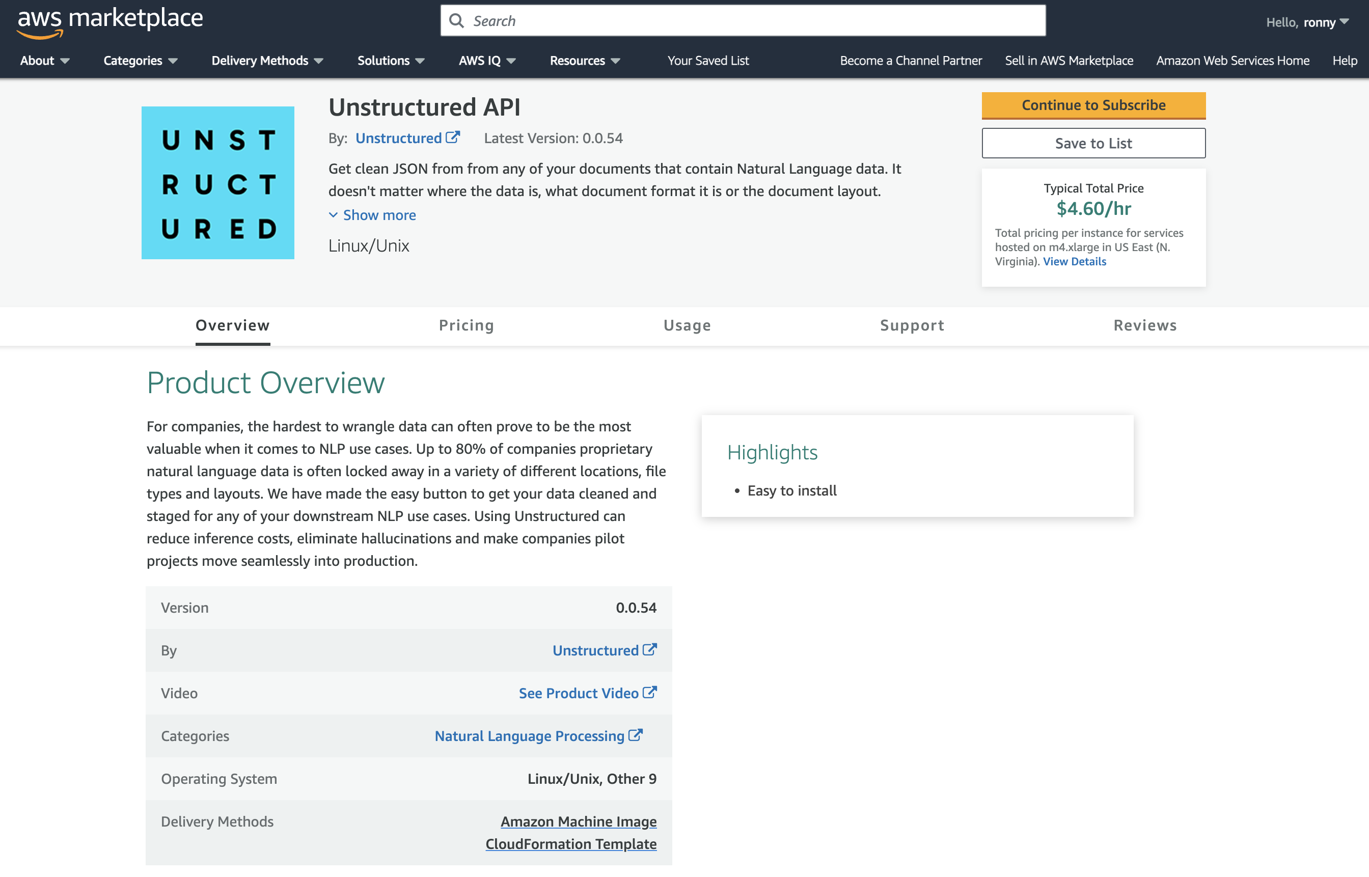 Unstructured API on AWS Marketplace