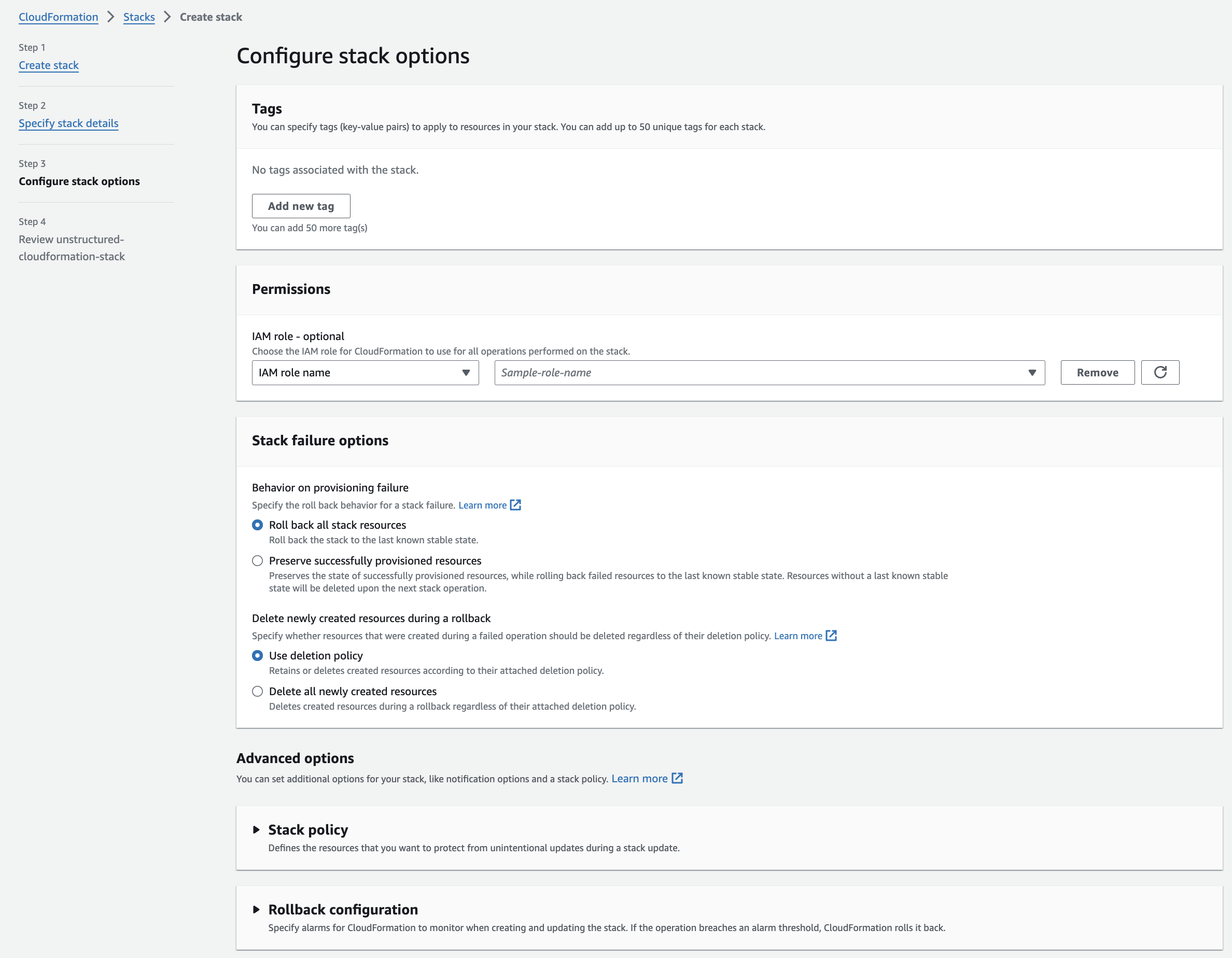 Specify stack options