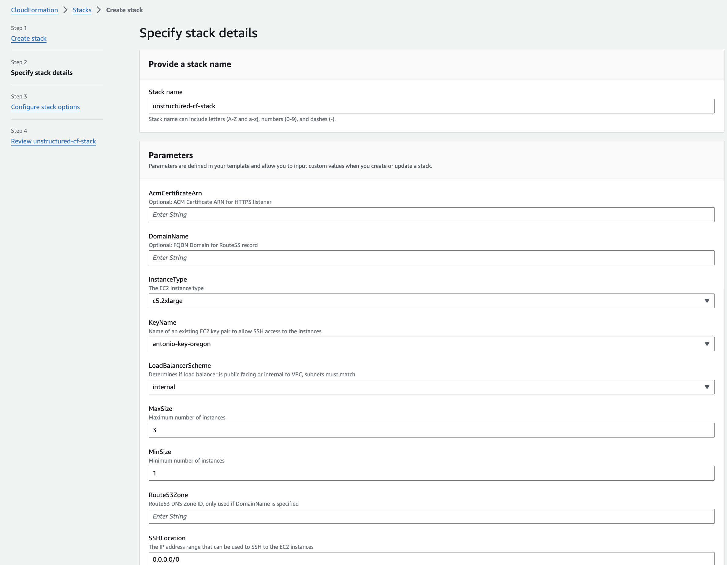 Specify stack details