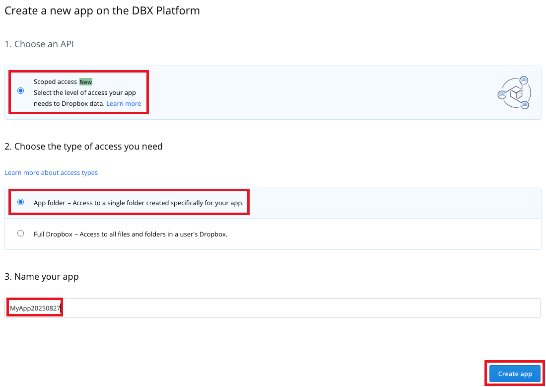 Finish creating the Dropbox app
