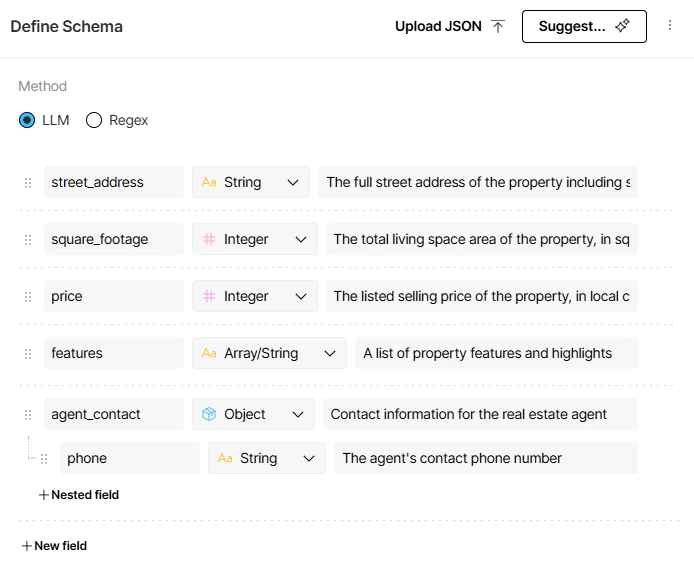 LLM visual schema builder displaying a schema generated from a plain-language prompt