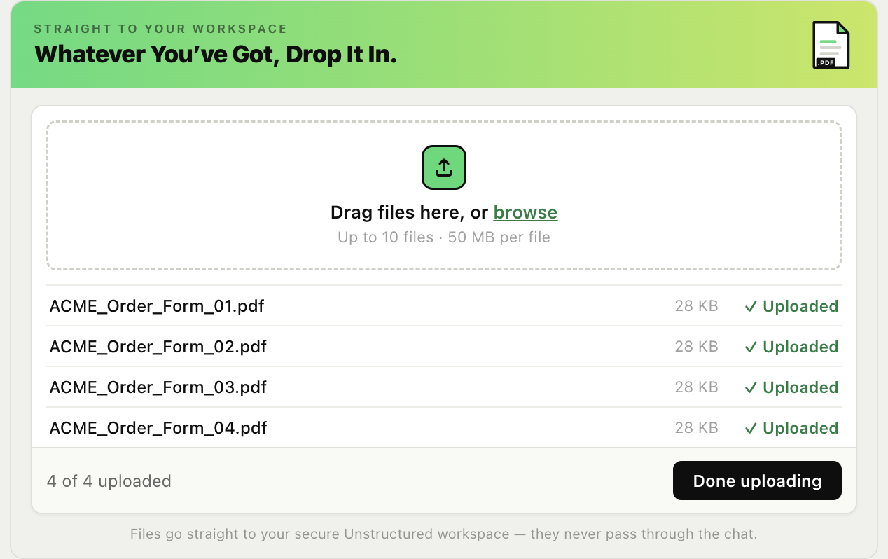 The Transform MCP file manager card listing uploaded files.