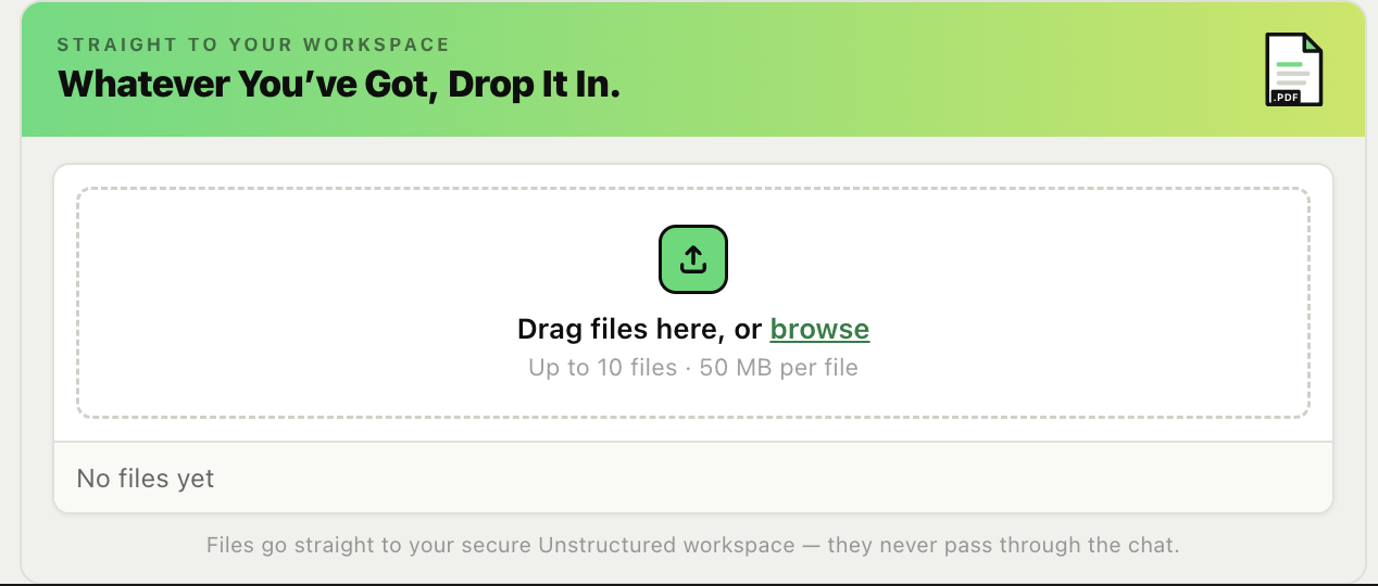 The Transform MCP file manager card, ready to accept file uploads.