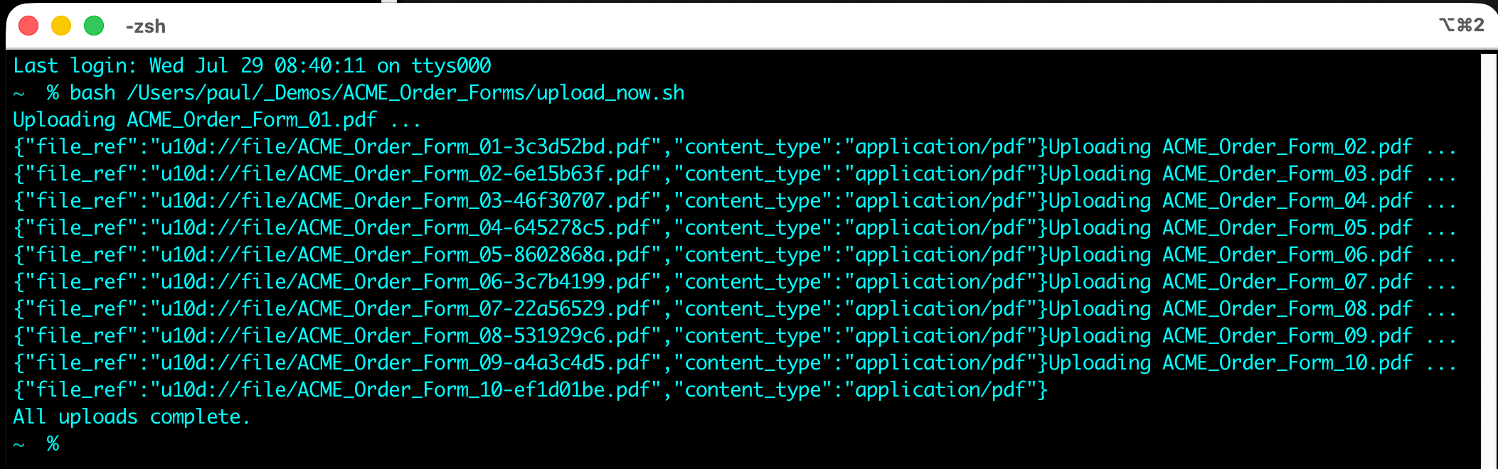 Running curl commands to upload source files