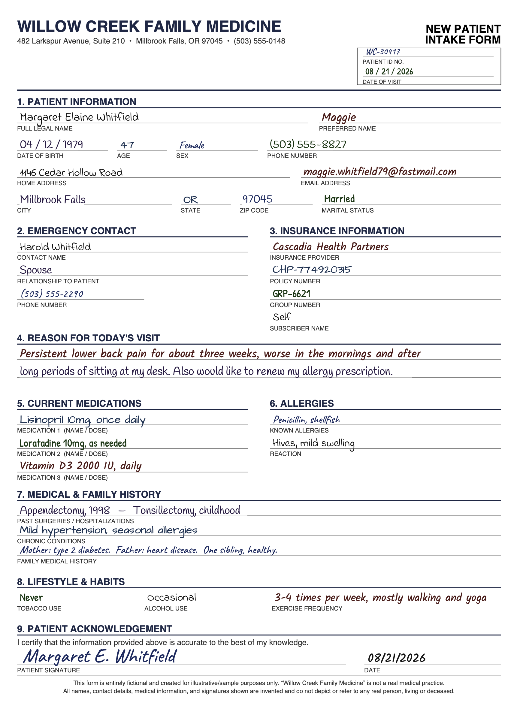 Example medical intake form