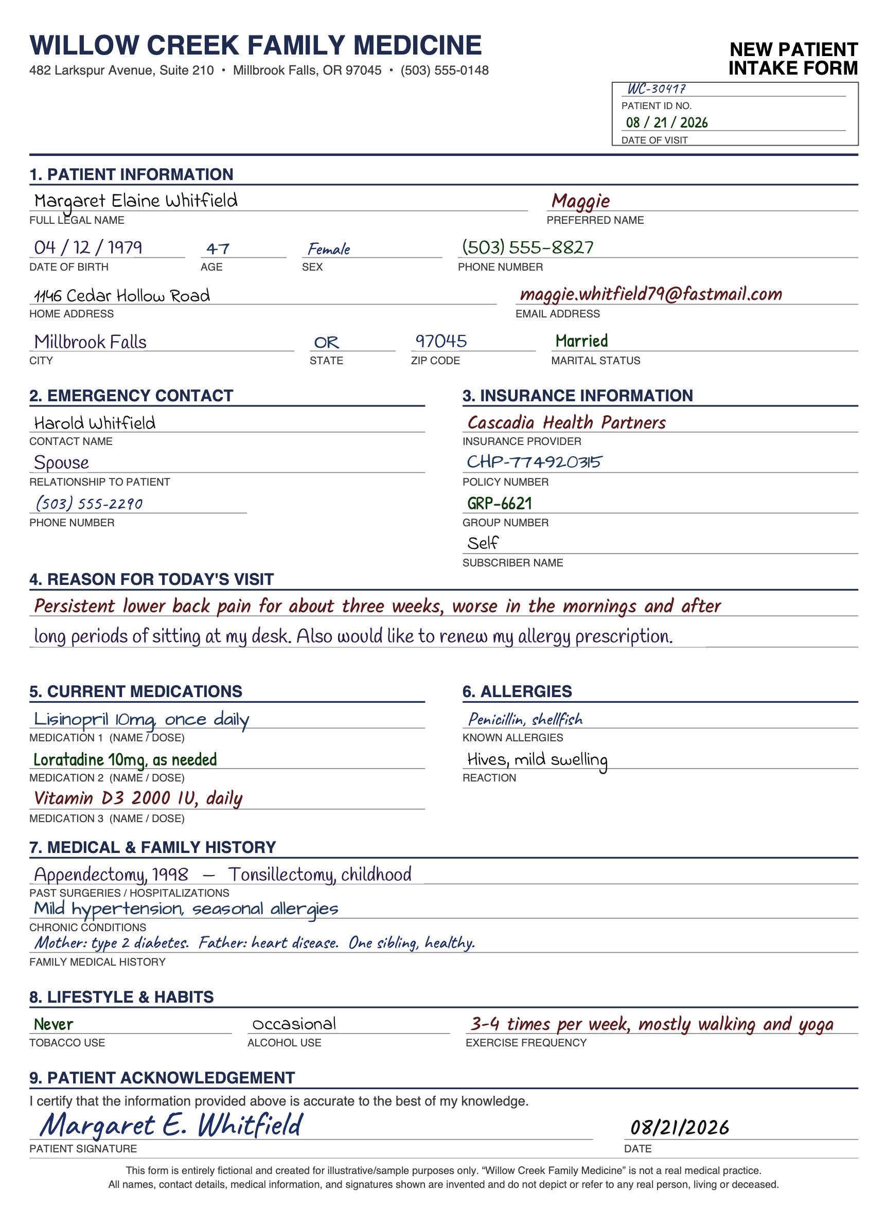 Example medical intake form