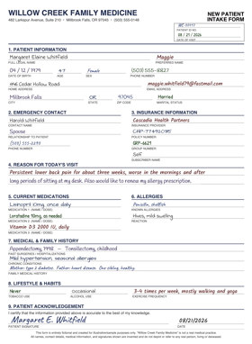 Example medical intake form