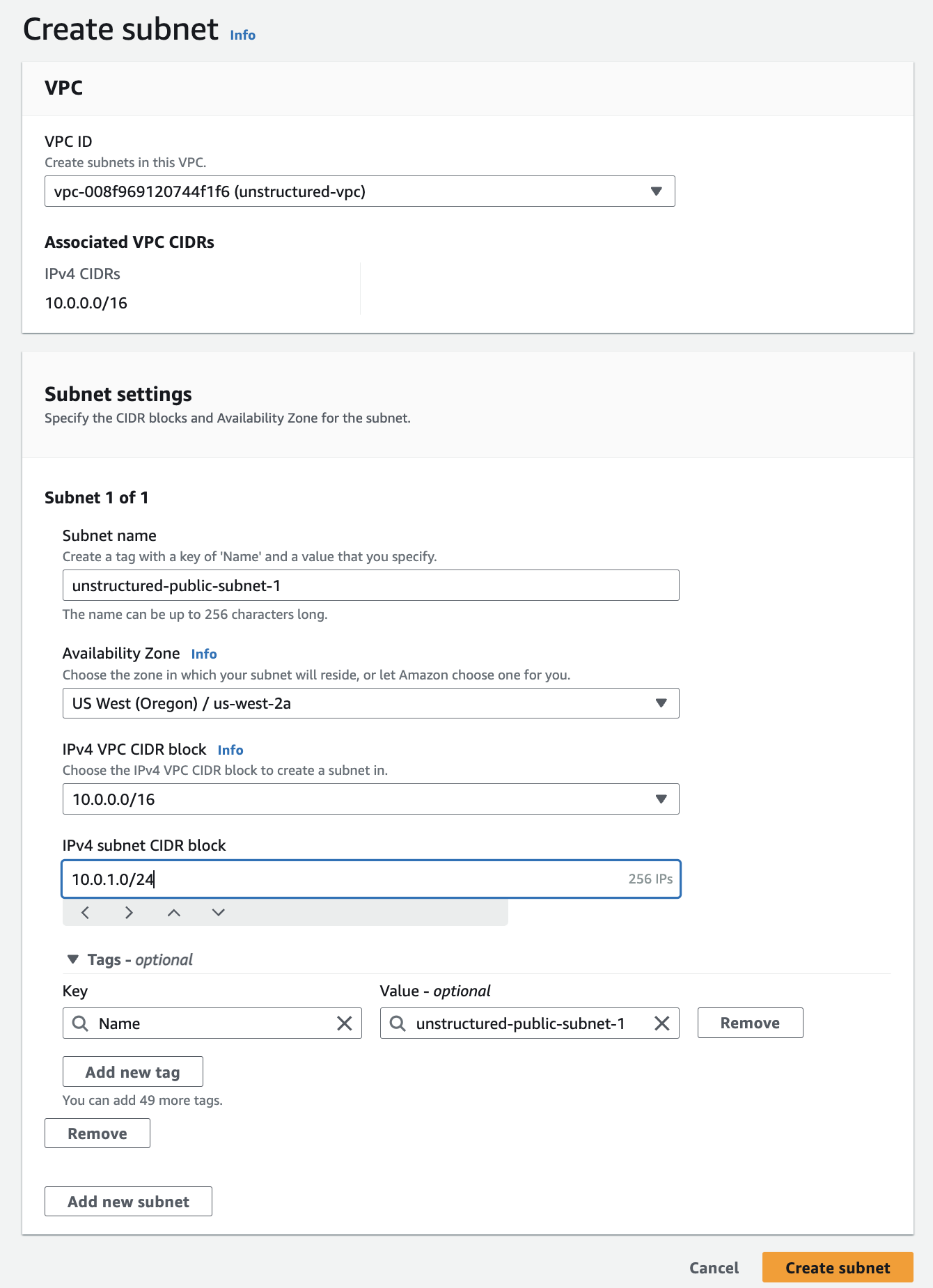 create subnet